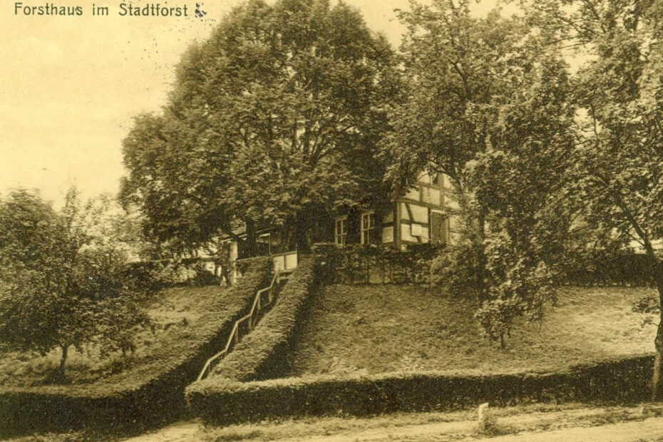 Postkarte, auf der steht "Angermünde. Forsthaus im Stadtforst". Zu sehen ist ein erhöhtes Haus und eine Treppe, die zu diesem führt. Vorne im Bild ist eine Straße.