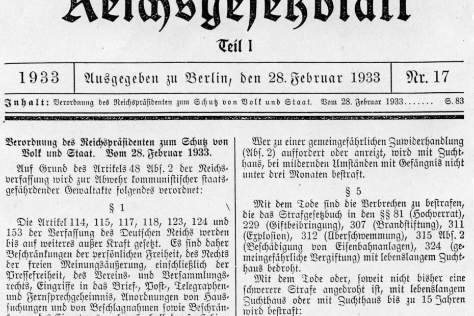 Bild vom Reichsgesetzblatt vom 28. Februar 1933. Zu lesen ist die Verordnung des Reichspräsidenten zum Schutz von Volk und Staat, Ausschnitte der Paragraphen 1 und 5 erkennbar.